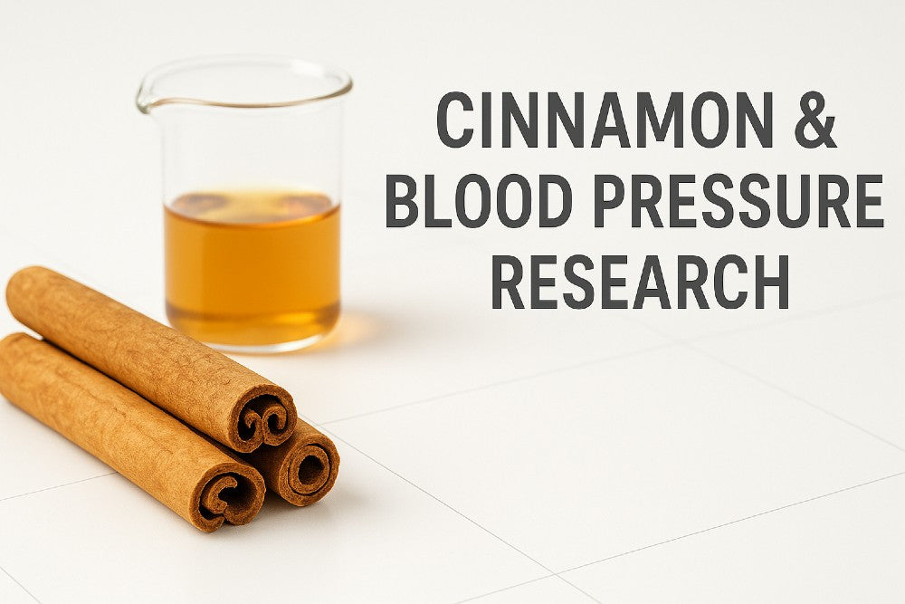Ceylon cinnamon and a small beaker on a clean scientific background with the title ‘Cinnamon & Blood Pressure Research