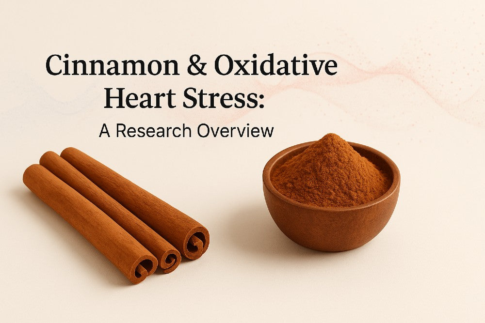 Ceylon cinnamon sticks and a wooden bowl of cinnamon powder with abstract oxidative-stress graphics and the title ‘Cinnamon & Oxidative Heart Stress: A Research Overview’ on a clean background.