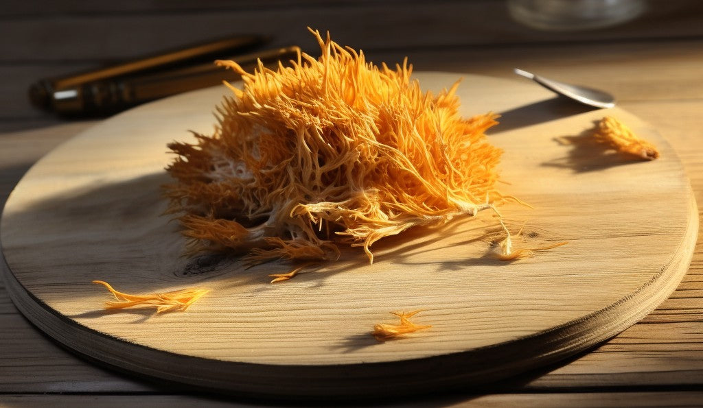 cordyceps mushrooms on wooden table