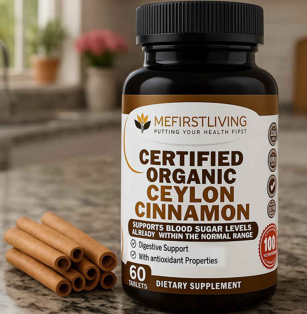 Supplement bottle labeled 'Certified Organic Ceylon Cinnamon' with cinnamon sticks on a kitchen counter.