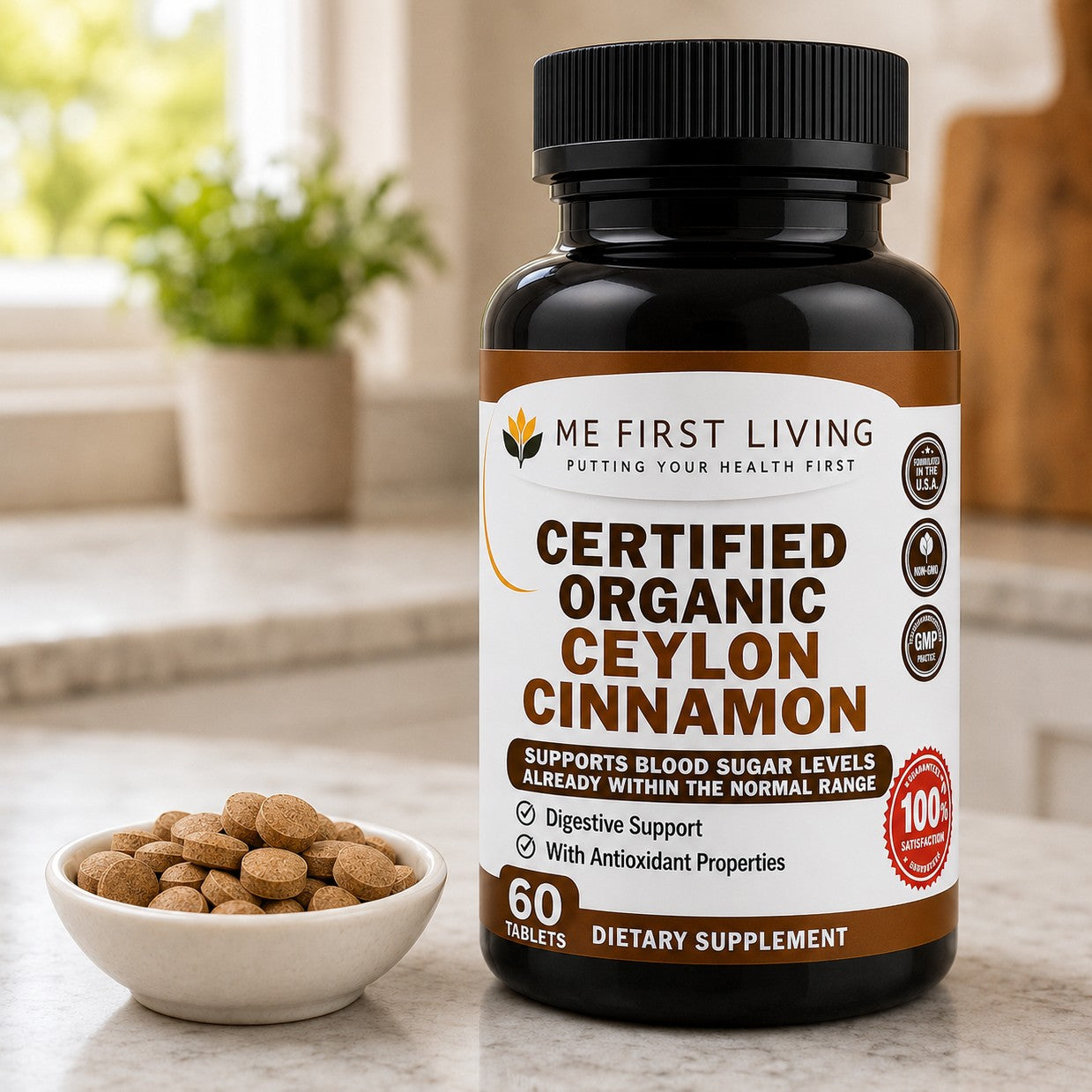 Supplement bottle labeled 'Certified Organic Ceylon Cinnamon' by Me First Living on a kitchen counter.